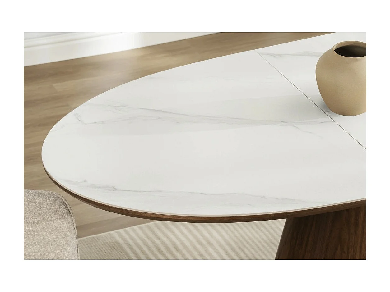 Table LUMEA extensible 160–200 cm – Table contemporaine en céramique effet marbre blanc et noyer