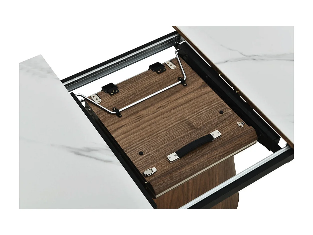 Table LUMEA extensible 160–200 cm – Table contemporaine en céramique effet marbre blanc et noyer