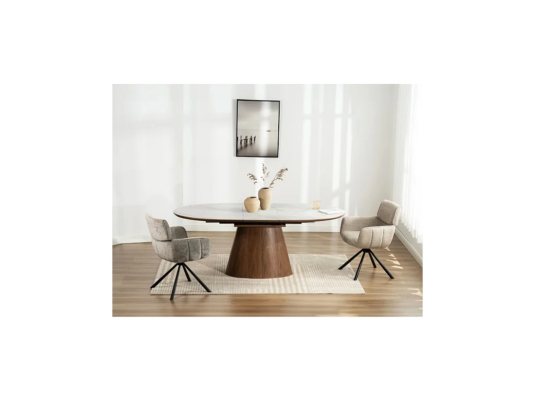 Table LUMEA extensible 160–200 cm – Table contemporaine en céramique effet marbre blanc et noyer