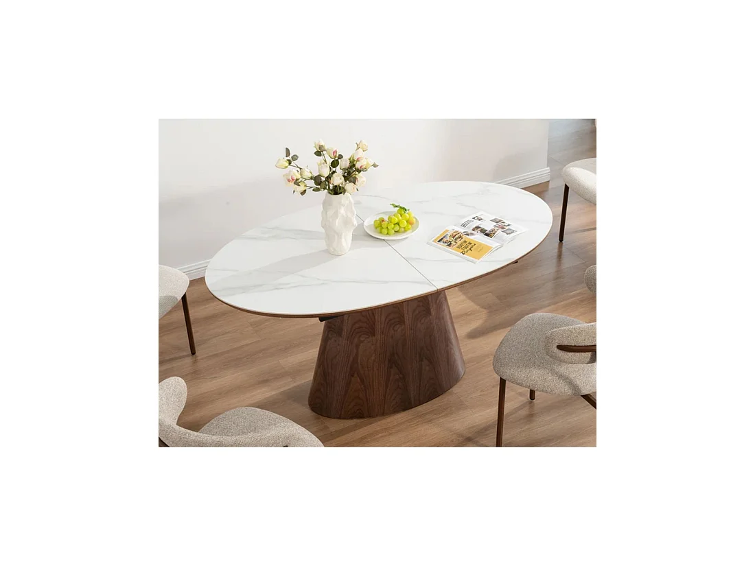 Table LUMEA extensible 160–200 cm – Table contemporaine en céramique effet marbre blanc et noyer