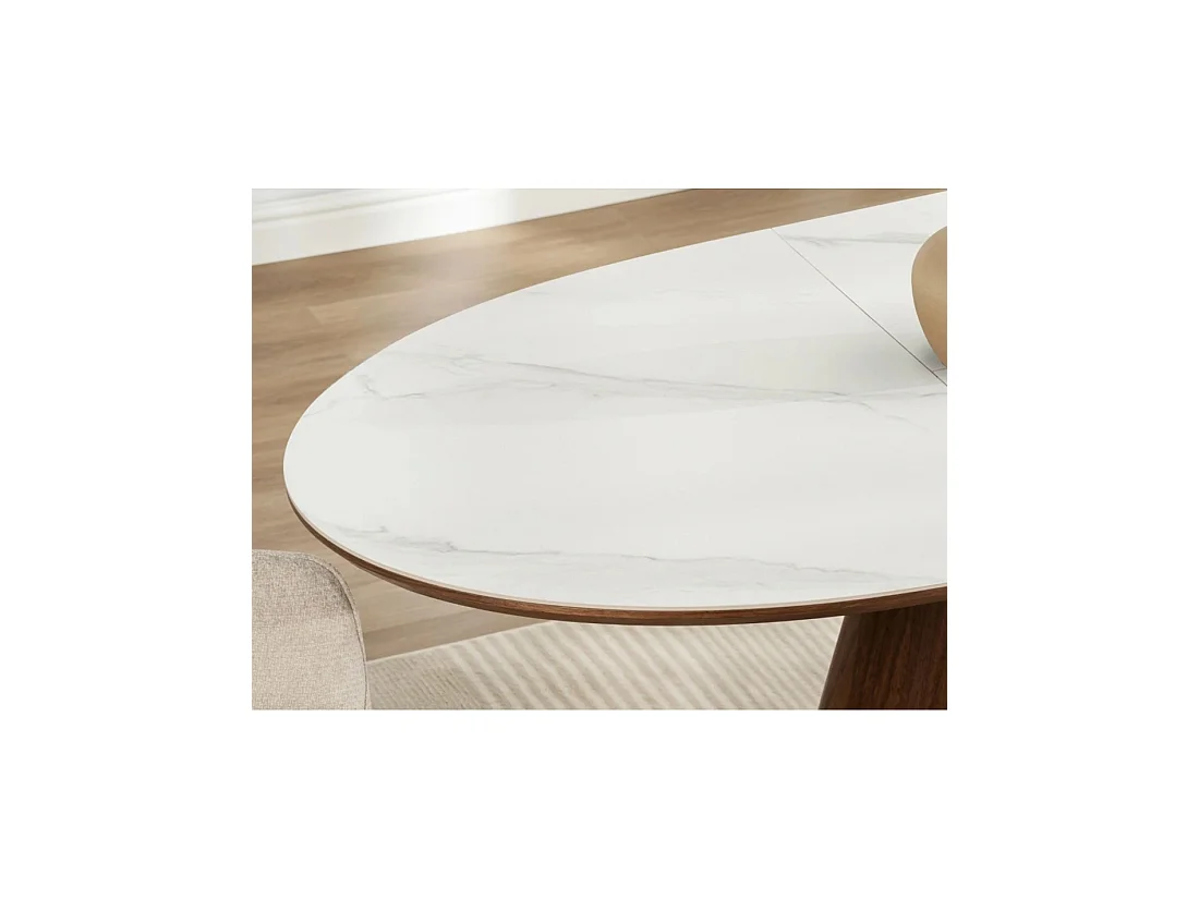 Table LUMEA extensible 160–200 cm – Table contemporaine en céramique effet marbre blanc et noyer