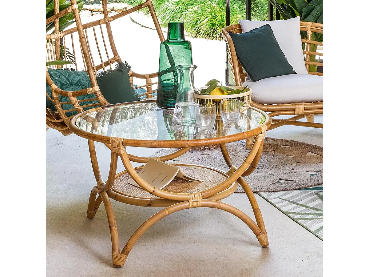 Table basse avec rangements en rotin et verre trempé - Diamètre 90 x Hauteur 51 cm