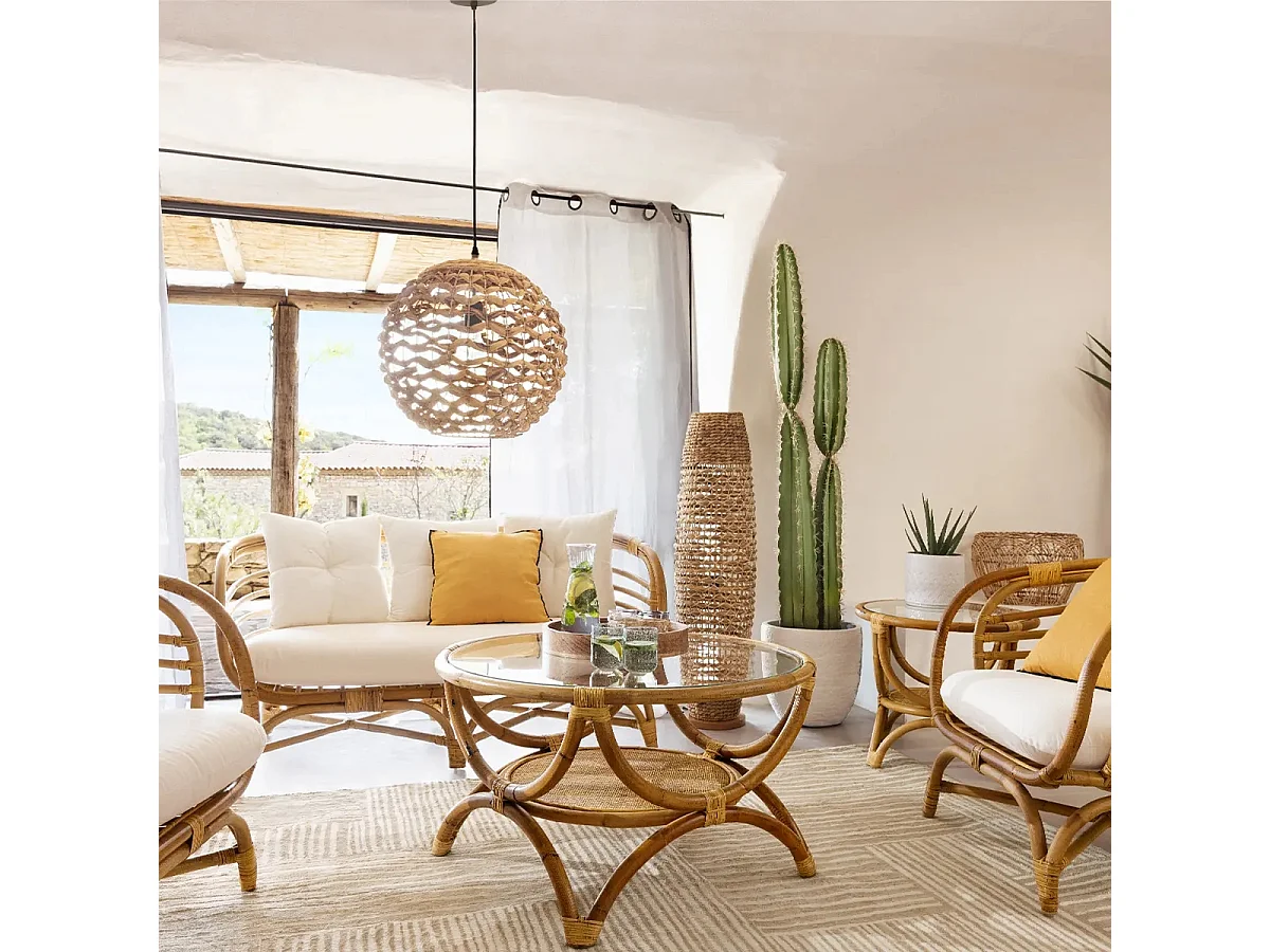 Table basse avec rangements en rotin et verre trempé - Diamètre 90 x Hauteur 51 cm