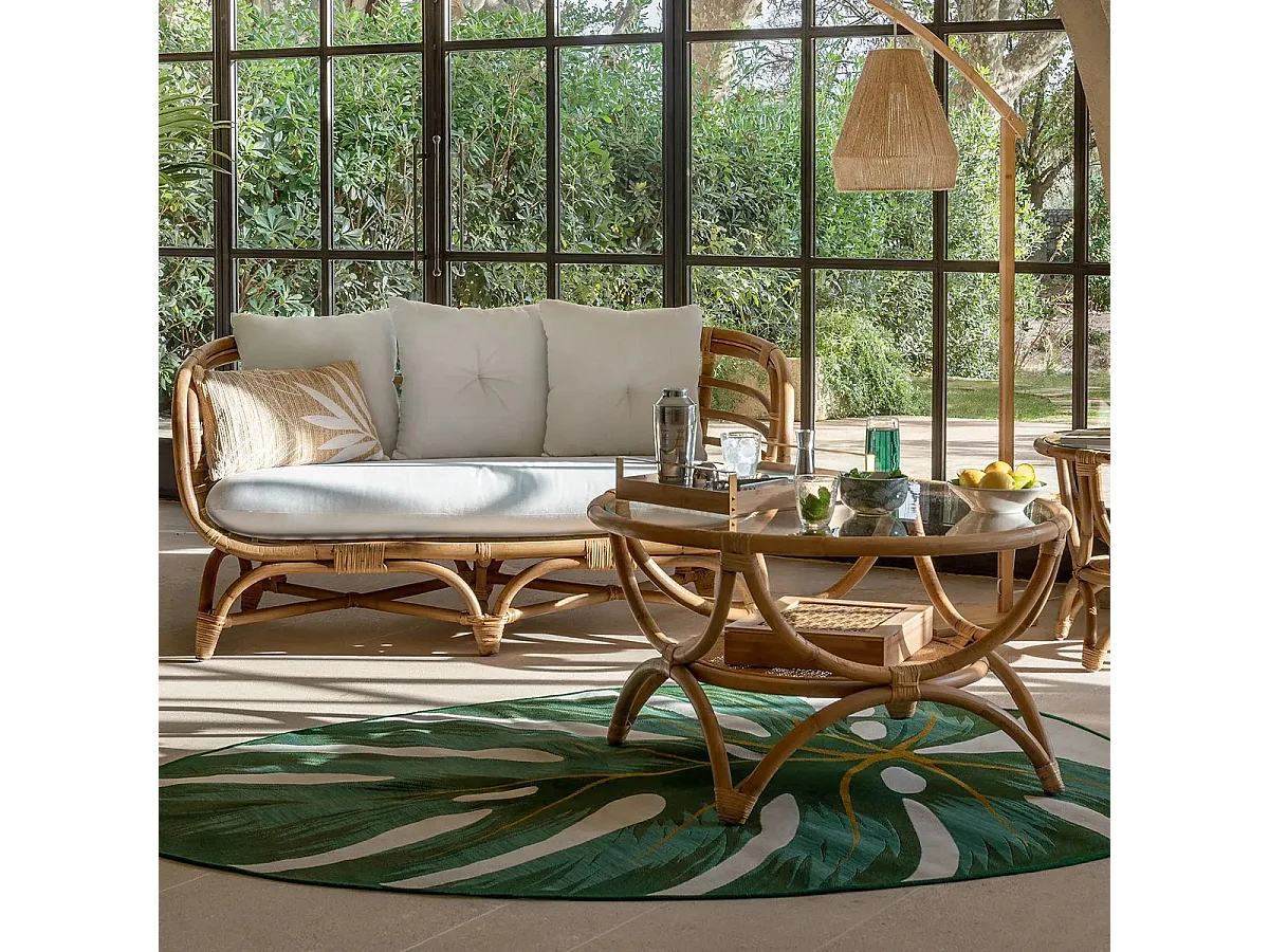 Table basse avec rangements en rotin et verre trempé - Diamètre 90 x Hauteur 51 cm