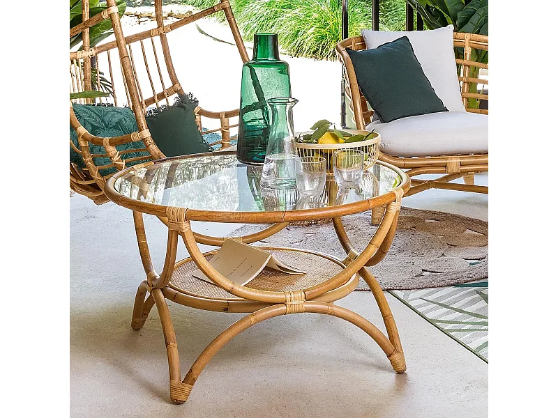 Table basse avec rangements en rotin et verre trempé - Diamètre 90 x Hauteur 51 cm