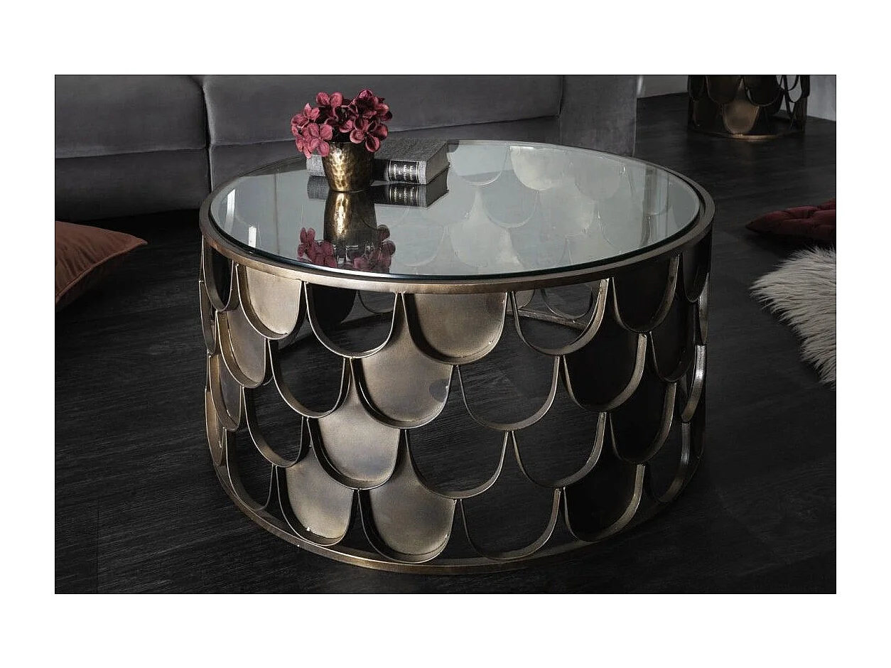 Table basse METRIX ronde 60 cm bronze avec structure effet écaille – Table basse design en métal et verre trempé