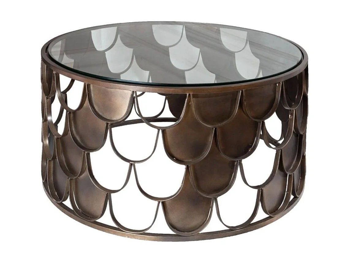 Table basse METRIX ronde 60 cm bronze avec structure effet écaille – Table basse design en métal et verre trempé
