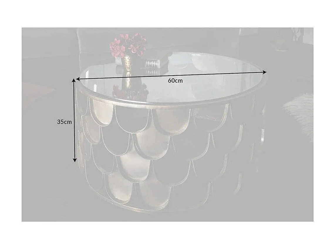 Table basse METRIX ronde 60 cm bronze avec structure effet écaille – Table basse design en métal et verre trempé