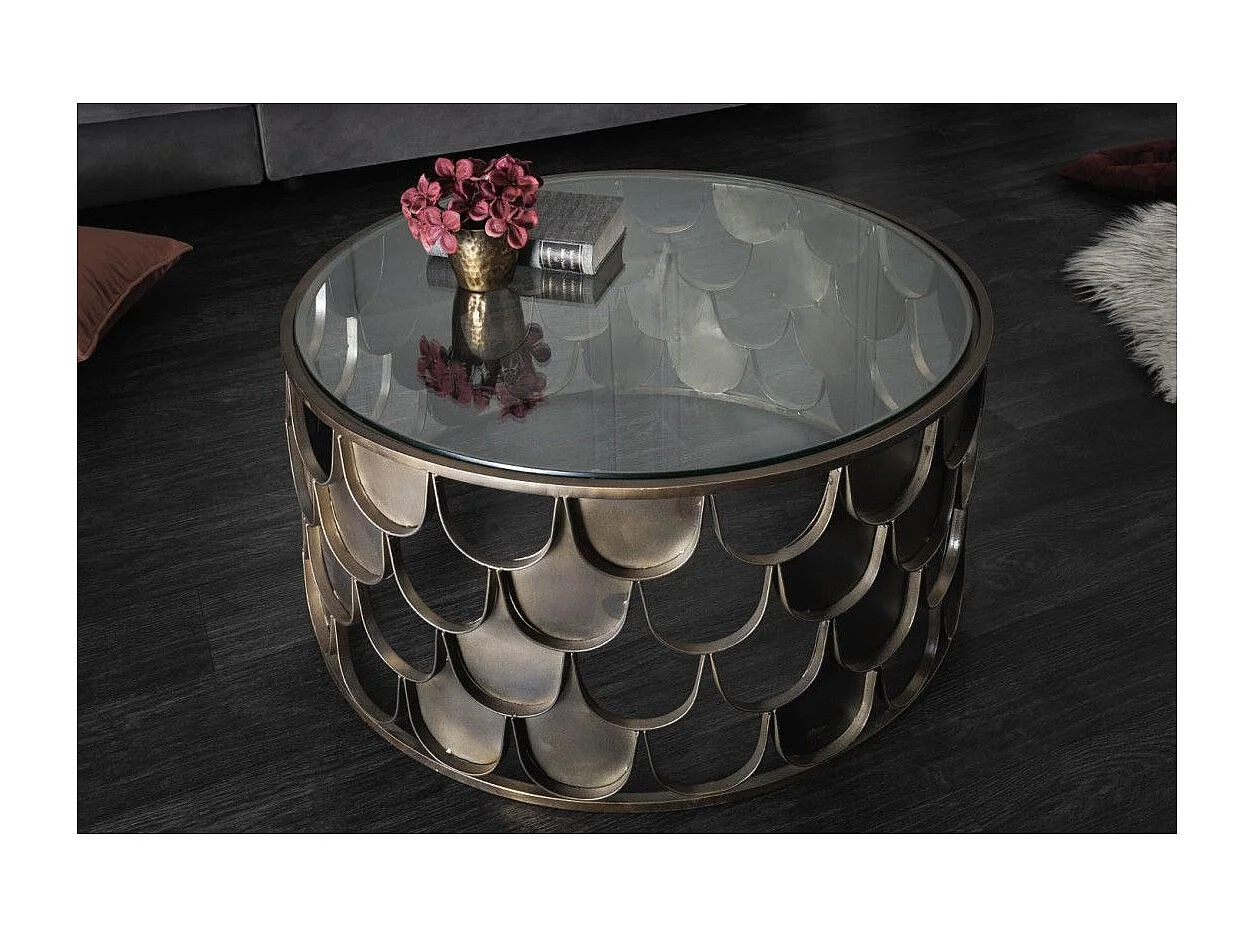 Table basse METRIX ronde 60 cm bronze avec structure effet écaille – Table basse design en métal et verre trempé