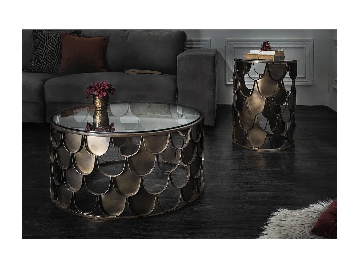 Table basse METRIX ronde 60 cm bronze avec structure effet écaille – Table basse design en métal et verre trempé