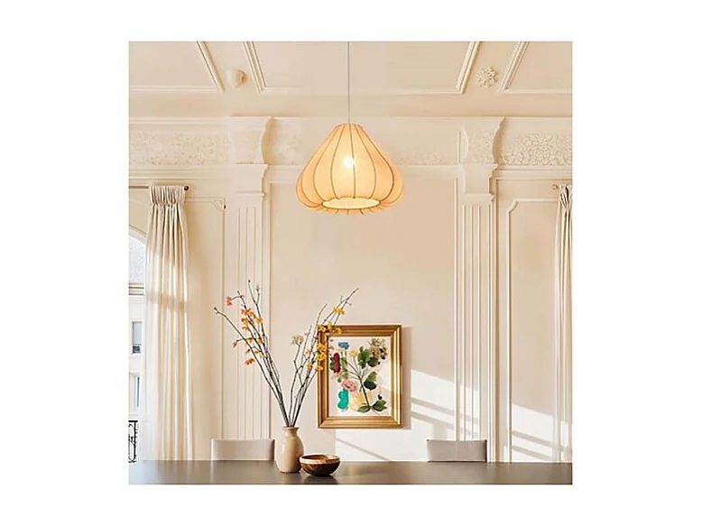 Luminaire suspension en forme de poire nervurée, coloris beige - Diamètre 49 x Hauteur 119 cm