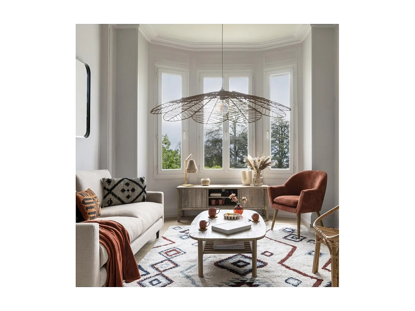 Luminaire Suspension en corde naturelle, coloris beige - Diamètre 98 x Hauteur 110 cm