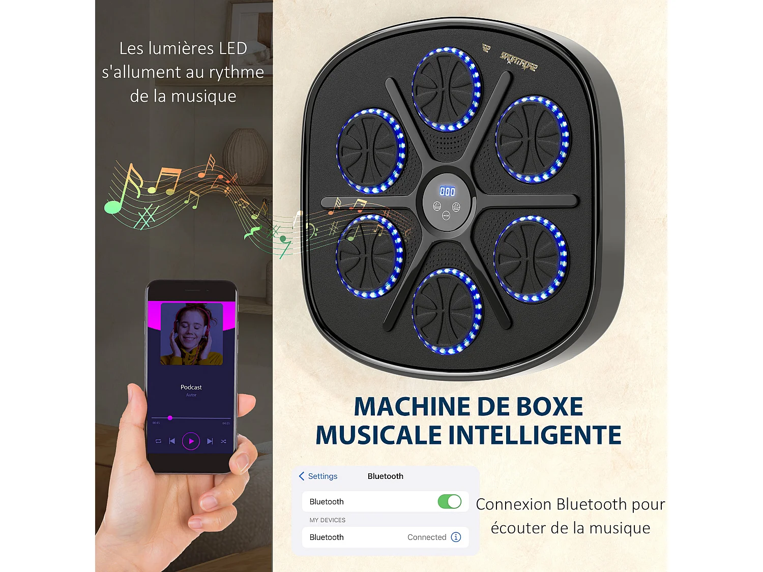 Machine de boxe musicale murale avec lumières - 9 vitesses, modes, Bluetooth - gants - noir