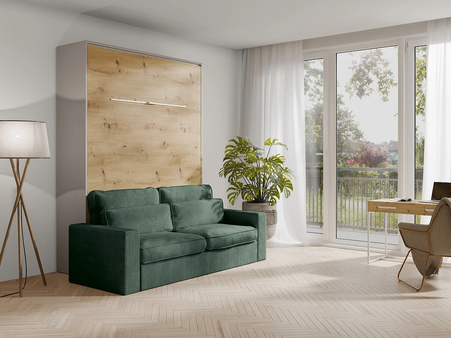 Lit escamotable 160 x 200 cm - Ouverture verticale manuelle - Avec LEDs - Beige et naturel + Canapé Vert + Matelas - RAPILI