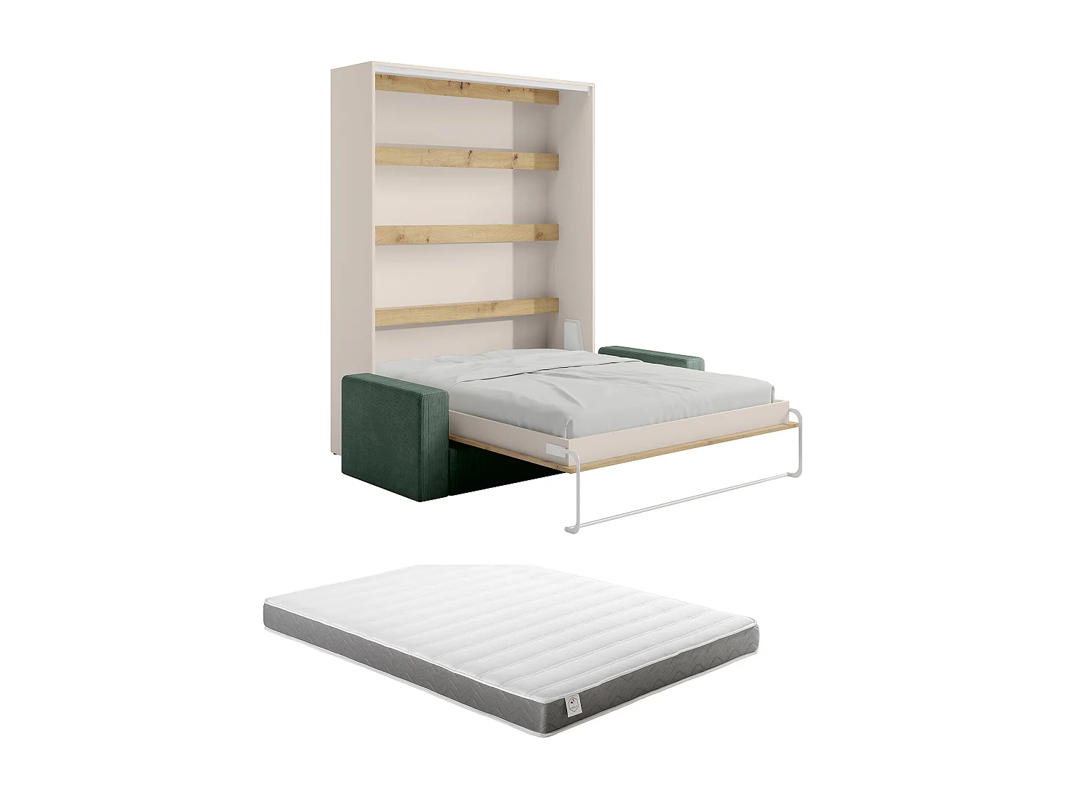 Lit escamotable 160 x 200 cm - Ouverture verticale manuelle - Avec LEDs - Beige et naturel + Canapé Vert + Matelas - RAPILI