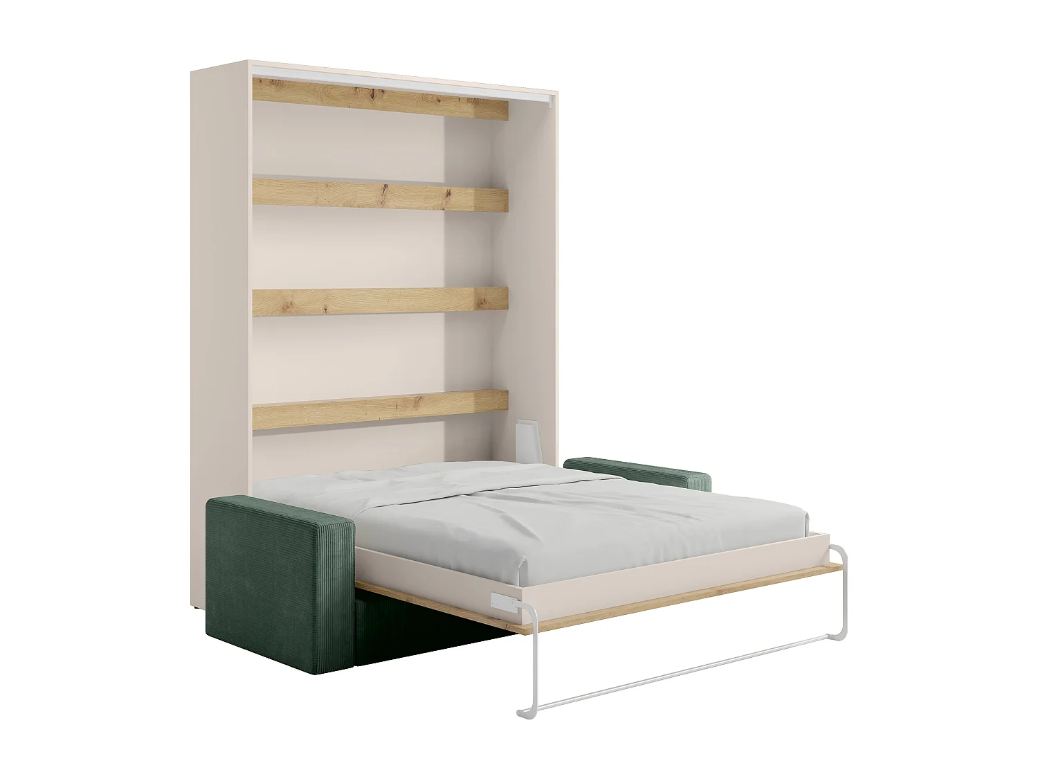 Lit escamotable 160 x 200 cm - Ouverture verticale manuelle - Avec LEDs - Beige et naturel + Canapé en velours côtelé vert sapin + Matelas - RAPILI