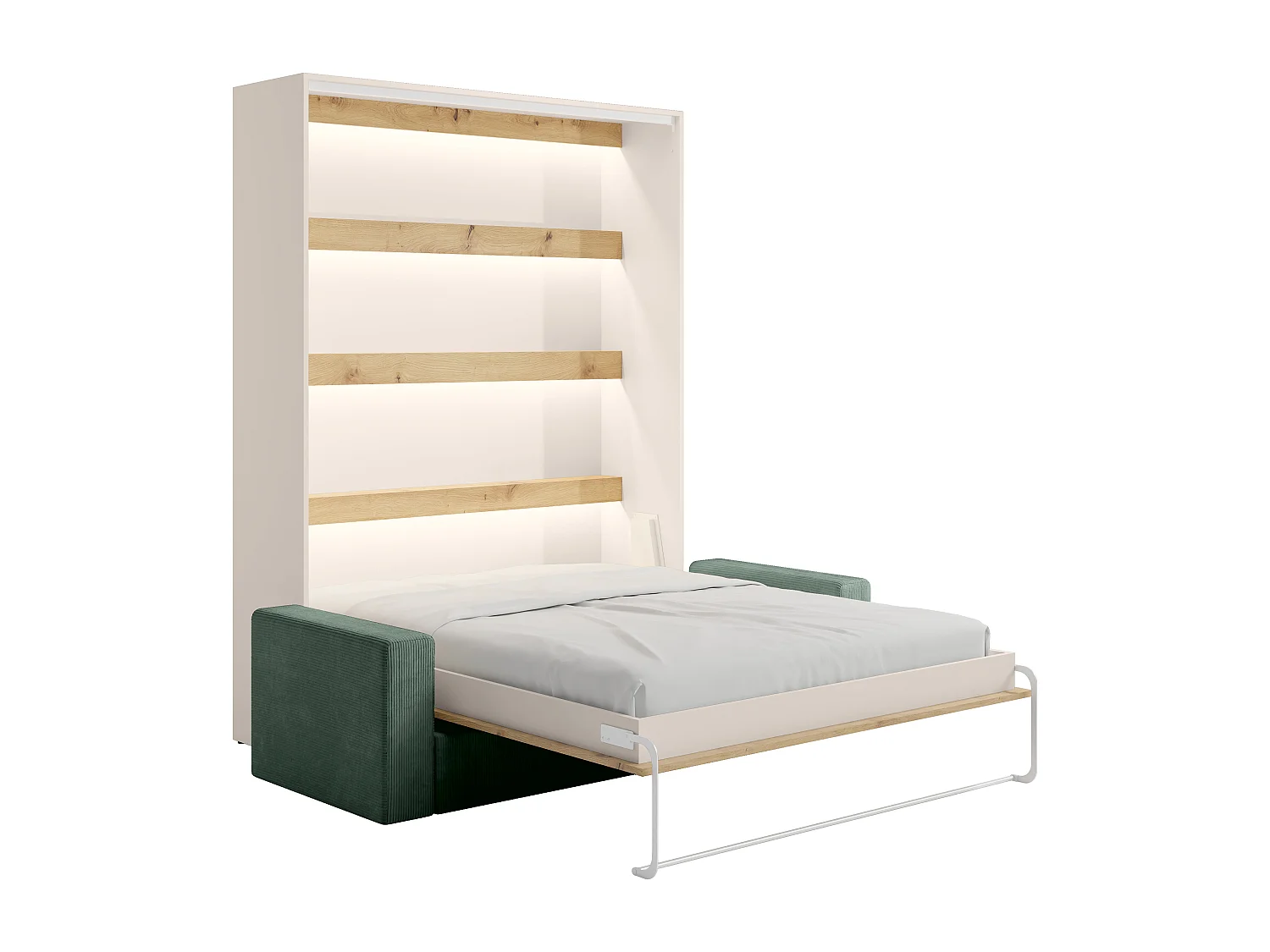 Lit escamotable 160 x 200 cm - Ouverture verticale manuelle - Avec LEDs - Beige et naturel + Canapé en velours côtelé vert sapin + Matelas - RAPILI