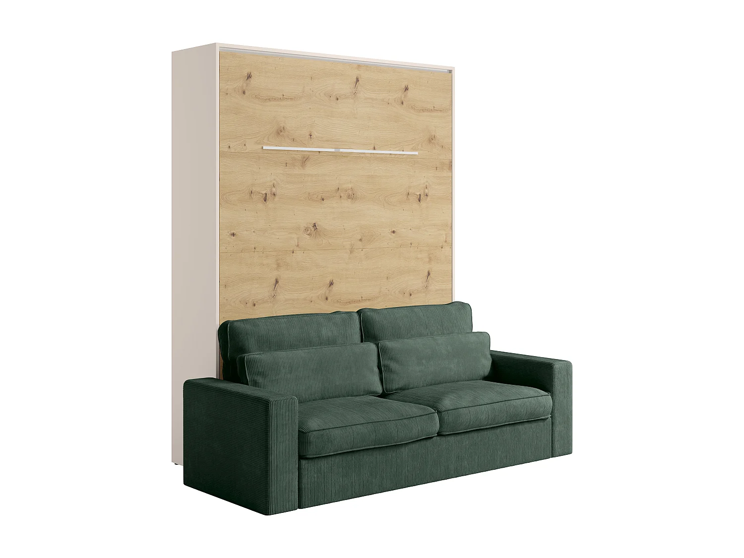 Lit escamotable 160 x 200 cm - Ouverture verticale manuelle - Avec LEDs - Beige et naturel + Canapé en velours côtelé vert sapin + Matelas - RAPILI