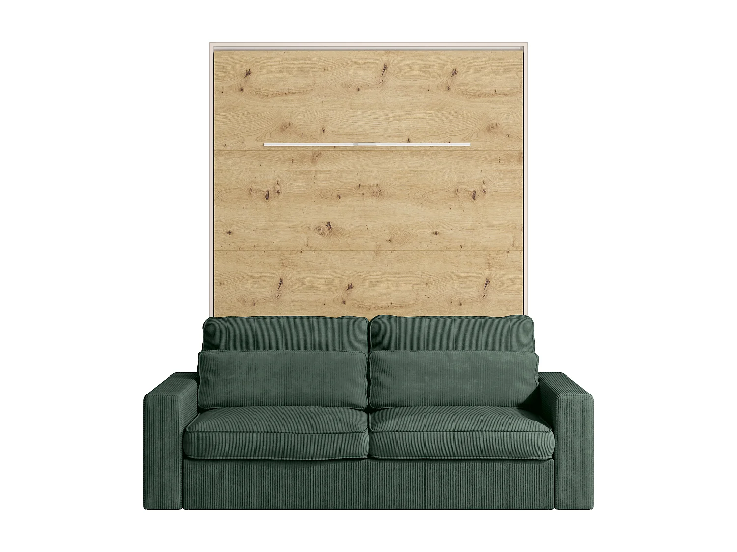 Lit escamotable 160 x 200 cm - Ouverture verticale manuelle - Avec LEDs - Beige et naturel + Canapé en velours côtelé vert sapin + Matelas - RAPILI
