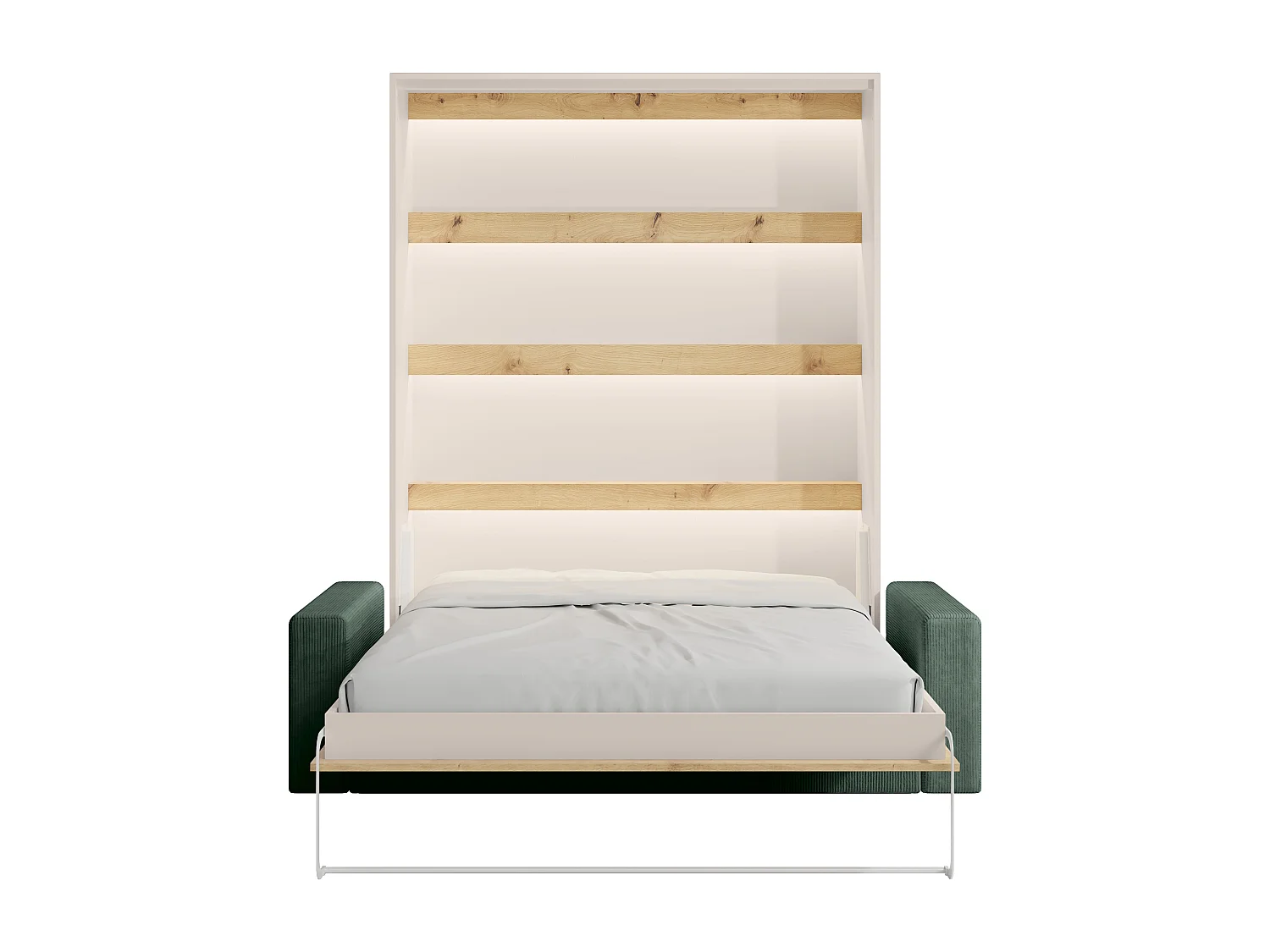 Lit escamotable 160 x 200 cm - Ouverture verticale manuelle - Avec LEDs - Beige et naturel + Canapé en velours côtelé vert sapin + Matelas - RAPILI