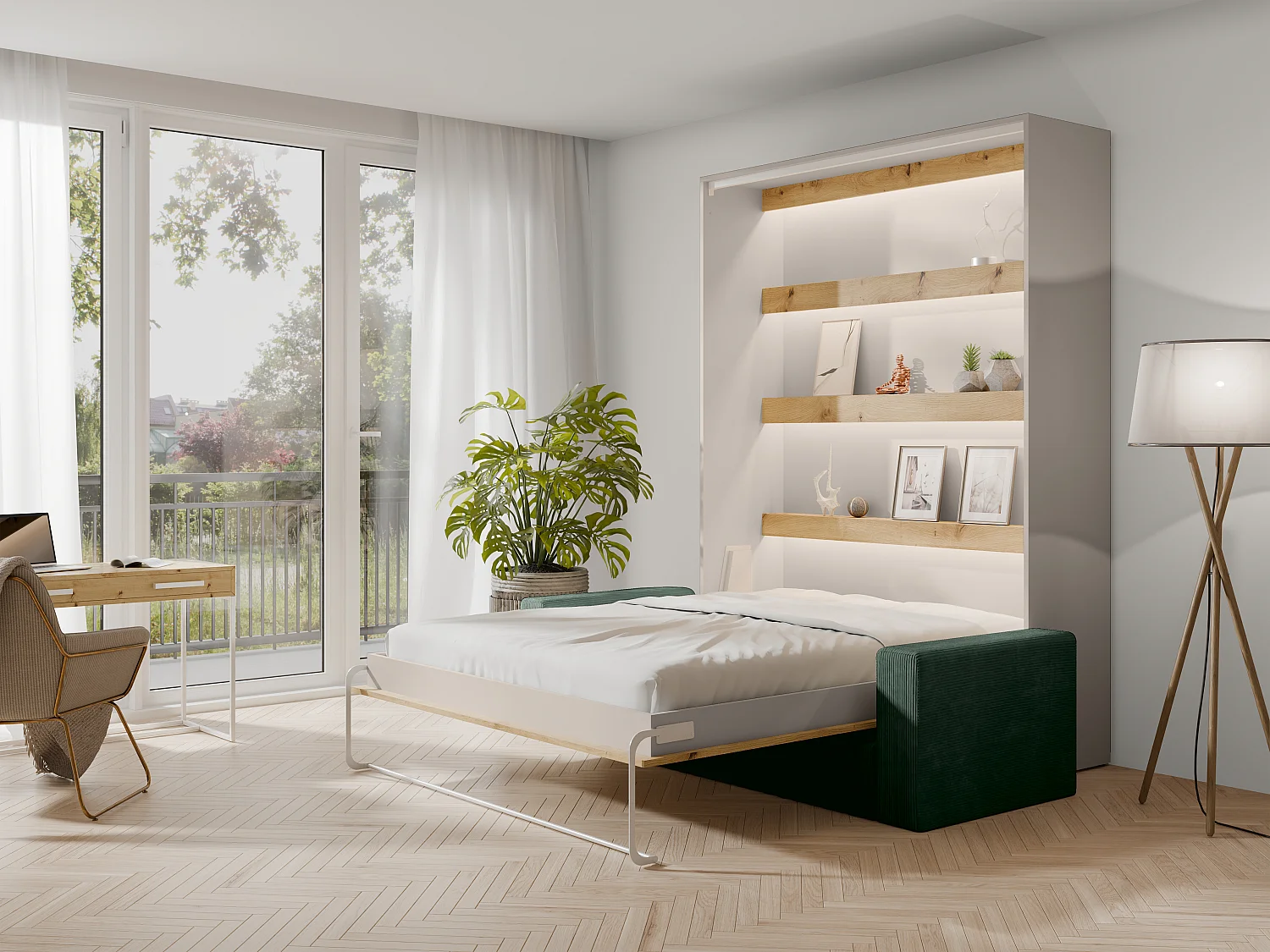 Lit escamotable 160 x 200 cm - Ouverture verticale manuelle - Avec LEDs - Beige et naturel + Canapé en velours côtelé vert sapin + Matelas - RAPILI