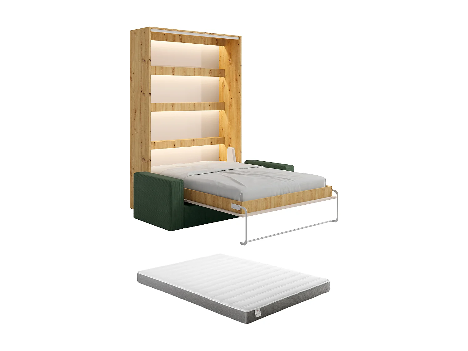 Lit escamotable 160 x 200 cm - Ouverture verticale manuelle - Avec LEDs - Beige et naturel + Canapé en velours côtelé vert sapin + Matelas - RAPILI