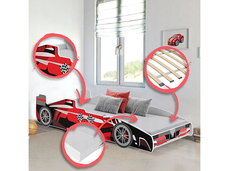 Cama Infantil en Forma de Coche Rojo 160x80 cm – Incluye Colchón y Estructura Completa, Diseño Deportivo y Divertido