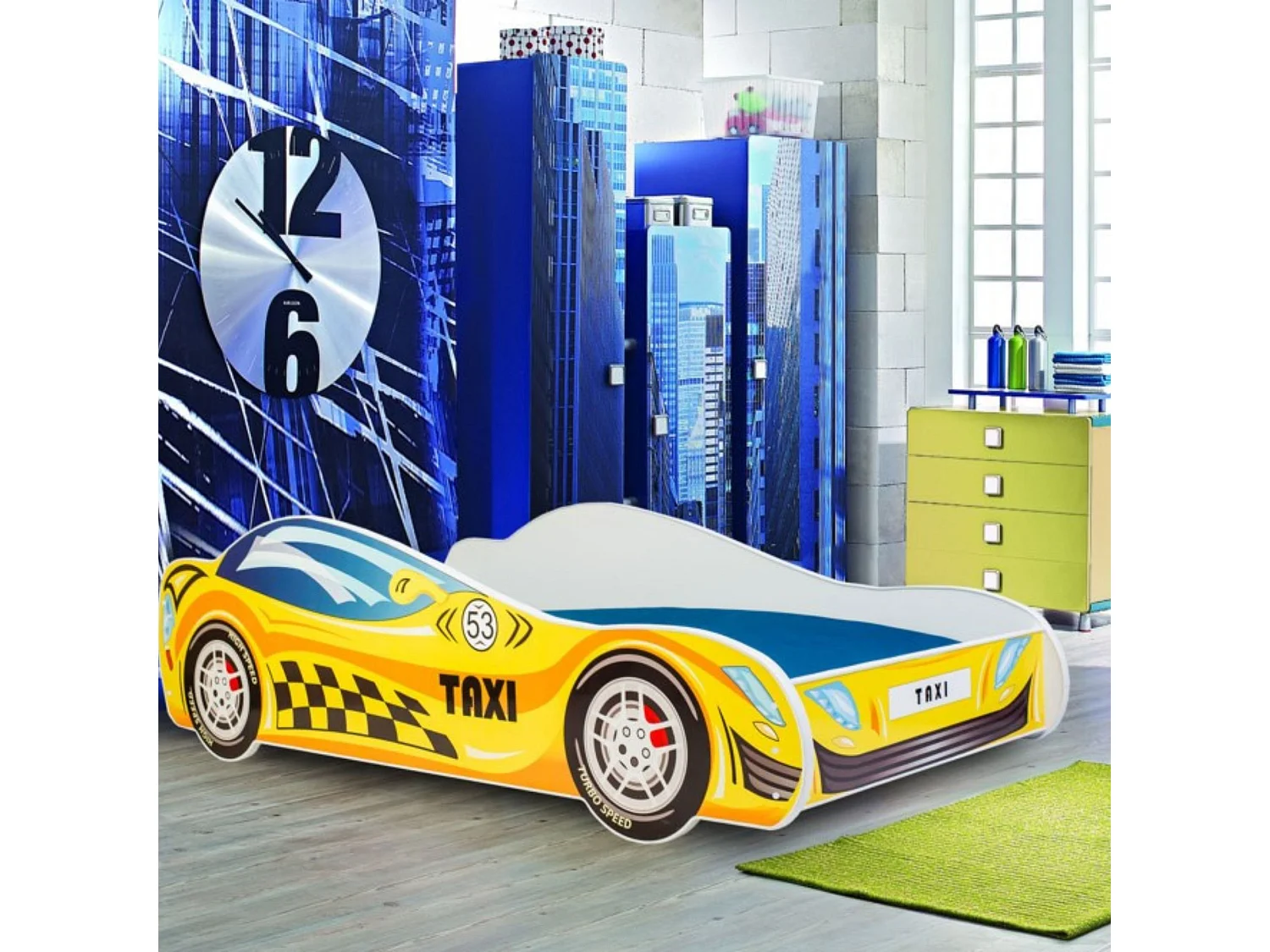 Cama Infantil en Forma de Coche Taxi 140x70 cm con Colchón – Diseño Deportivo para Niños, Estructura Resistente, Fácil Montaje