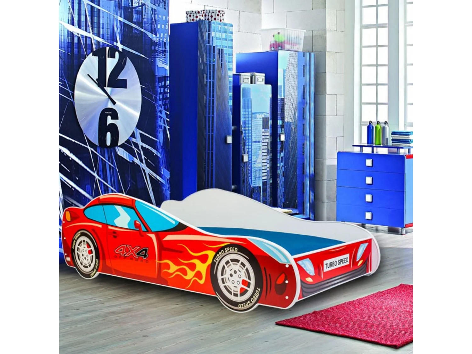 Cama Infantil en Forma de Coche 4x4 Roja 140x70 cm con Colchón – Diseño Deportivo para Niños, Estructura Resistente, Fácil Montaje