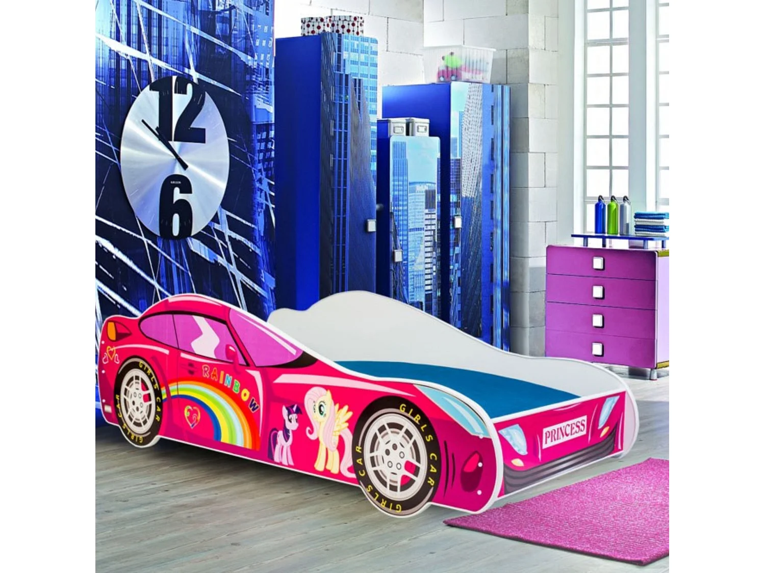 Cama Infantil en Forma de Coche Rosa 160x80 cm – Diseño Divertido, Estructura Resistente y Compacta, Ideal para Dormitorios Infantiles