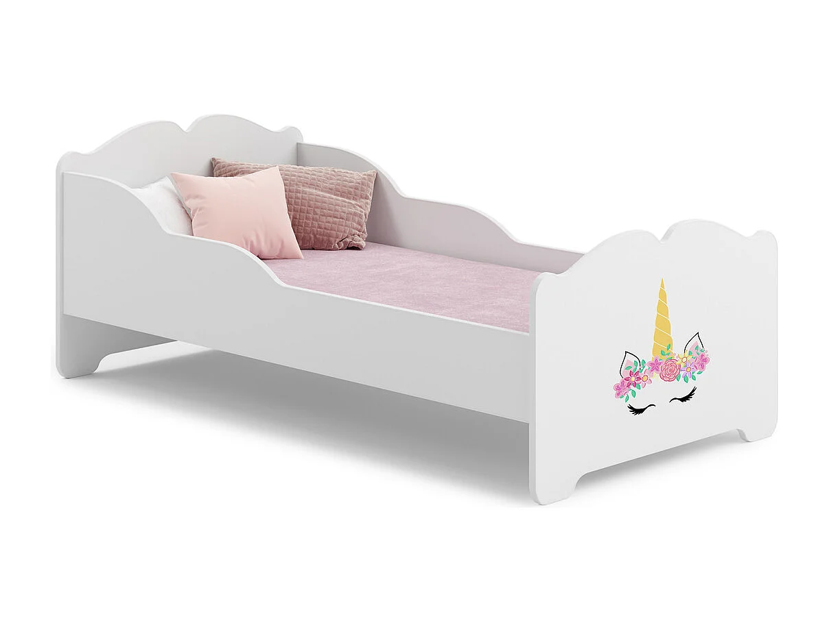 Cama Infantil Blanca 160x80 cm Dibujo Unicornio con Barreras Laterales y Colchón – Estructura Segura y Moderna, Ideal para Niños y Niñas, Fácil Montaj