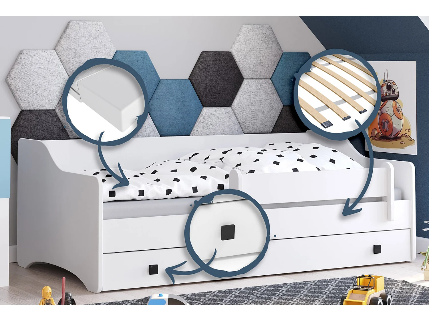 Cama Infantil Blanca 180x80 cm con Cajón y Tirador – Incluye Cama Completa y Cajón Inferior, Dimensiones  184 cm x 85 cm x 60 cm , Diseño Moderno y Fu