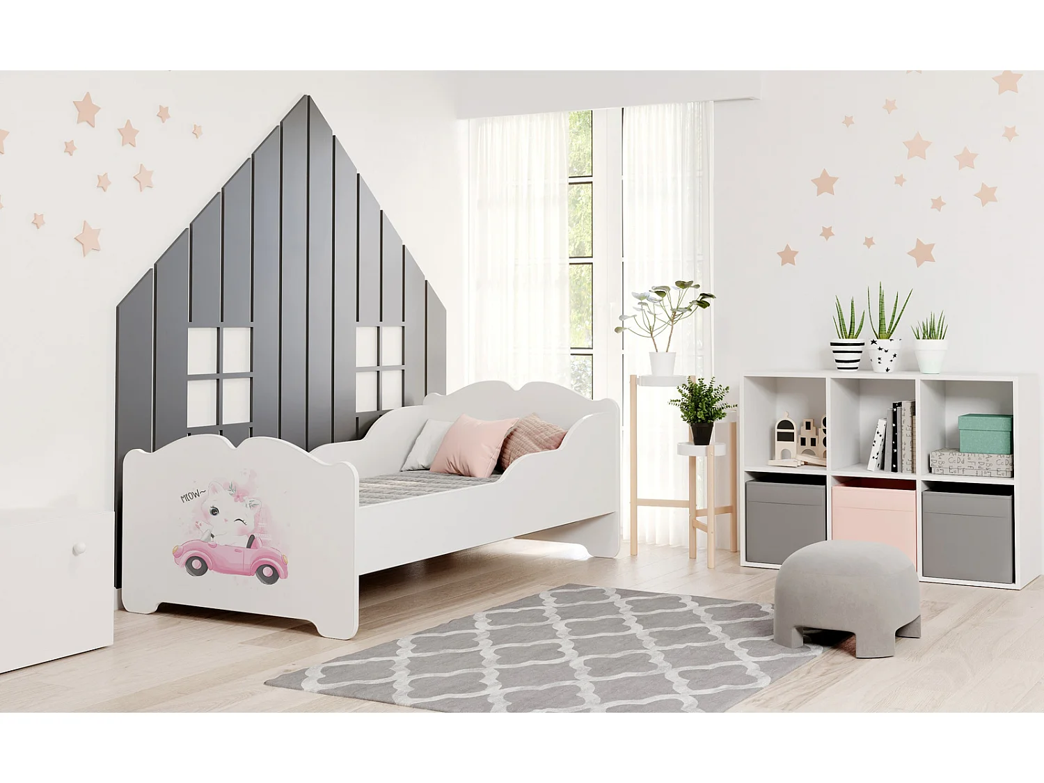 Cama Infantil Blanca 160x80 cm Dibujo Gato con Barreras Laterales y Colchón – Estructura Segura y Moderna, Ideal para Niños y Niñas, Fácil Montaje