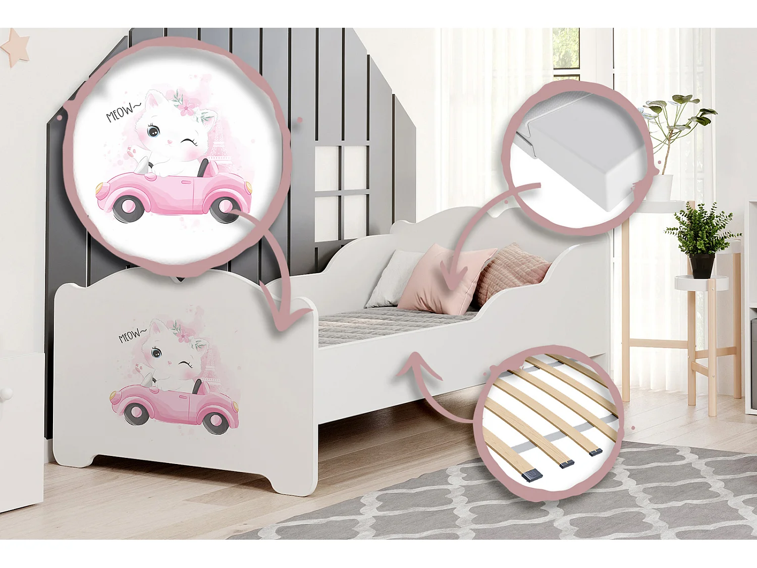 Cama Infantil Blanca 160x80 cm Dibujo Gato con Barreras Laterales y Colchón – Estructura Segura y Moderna, Ideal para Niños y Niñas, Fácil Montaje