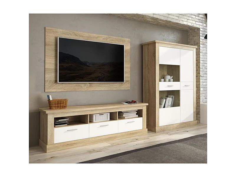 Mueble de Comedor, Mueble Televisión, Acabado en Blanco y Cambria, Medidas: 305 cm (Ancho) x 174,7 cm (Alto) x 41,8 cm (Fondo)