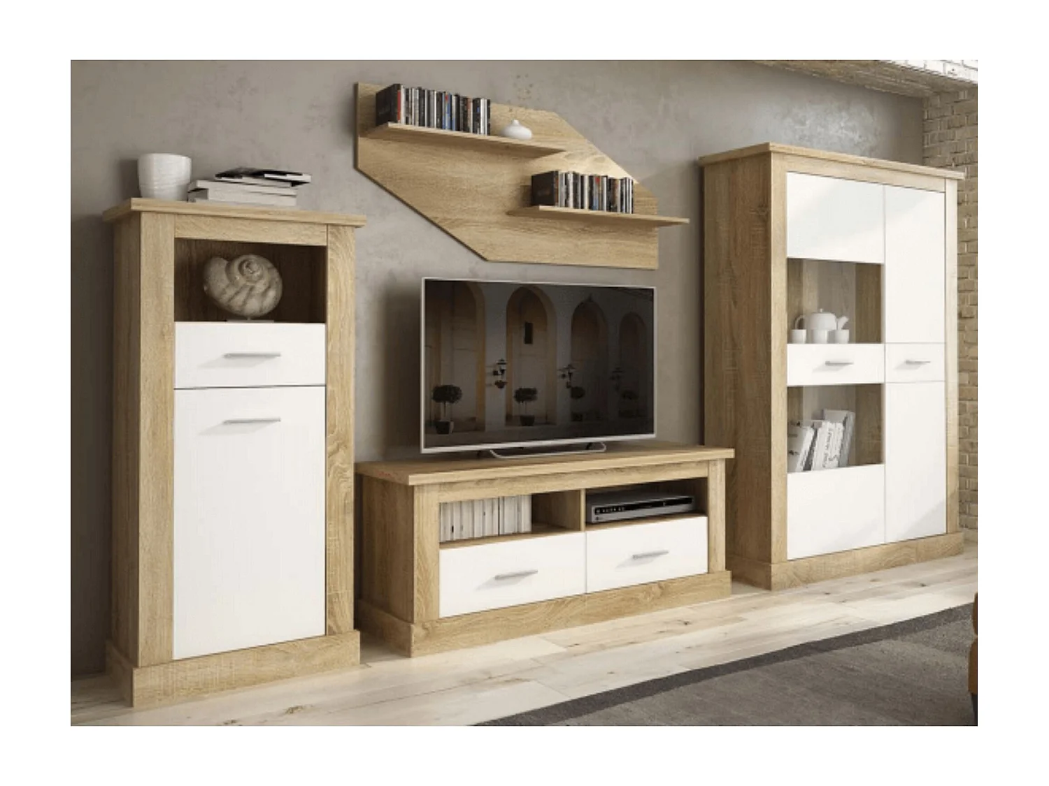 Mueble de Comedor, Mueble Televisión, Acabado en Blanco y Cambria, Medidas: 326 cm (Ancho) x 174,7 cm (Alto) x 41,8 cm (Fondo)