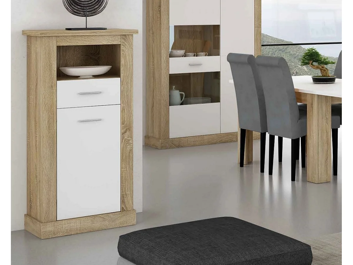 Mueble de Comedor, Mueble Televisión, Acabado en Blanco y Cambria, Medidas: 326 cm (Ancho) x 174,7 cm (Alto) x 41,8 cm (Fondo)