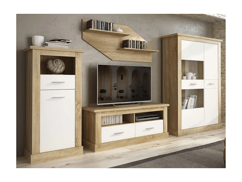 Mueble de Comedor, Mueble Televisión, Acabado en Blanco y Cambria, Medidas: 326 cm (Ancho) x 174,7 cm (Alto) x 41,8 cm (Fondo)