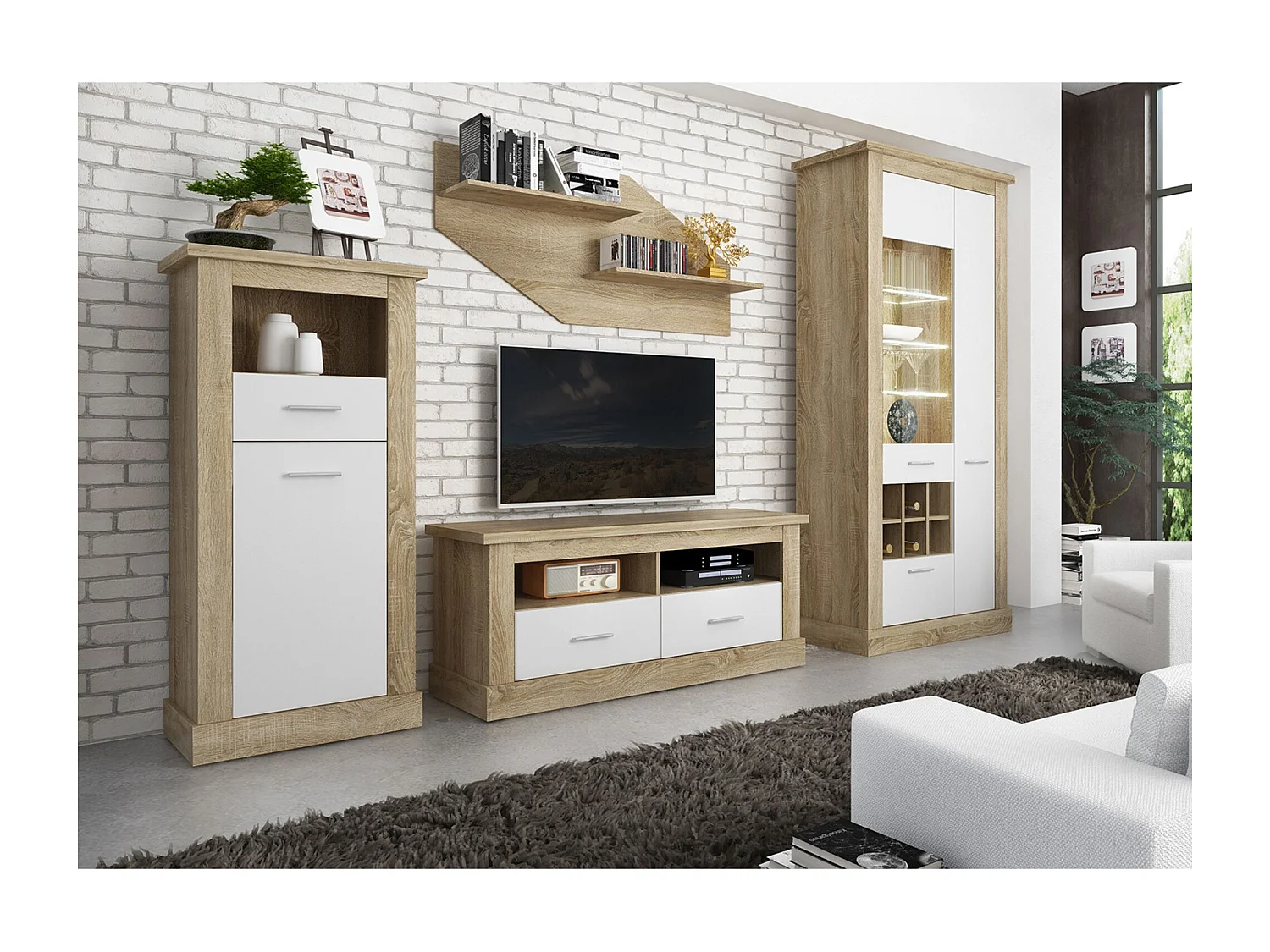 Mueble de Comedor, Mueble Televisión, Acabado en Blanco y Cambria, Medidas: 297 cm (Ancho) x 201,6 cm (Alto) x 41,8 cm (Fondo)