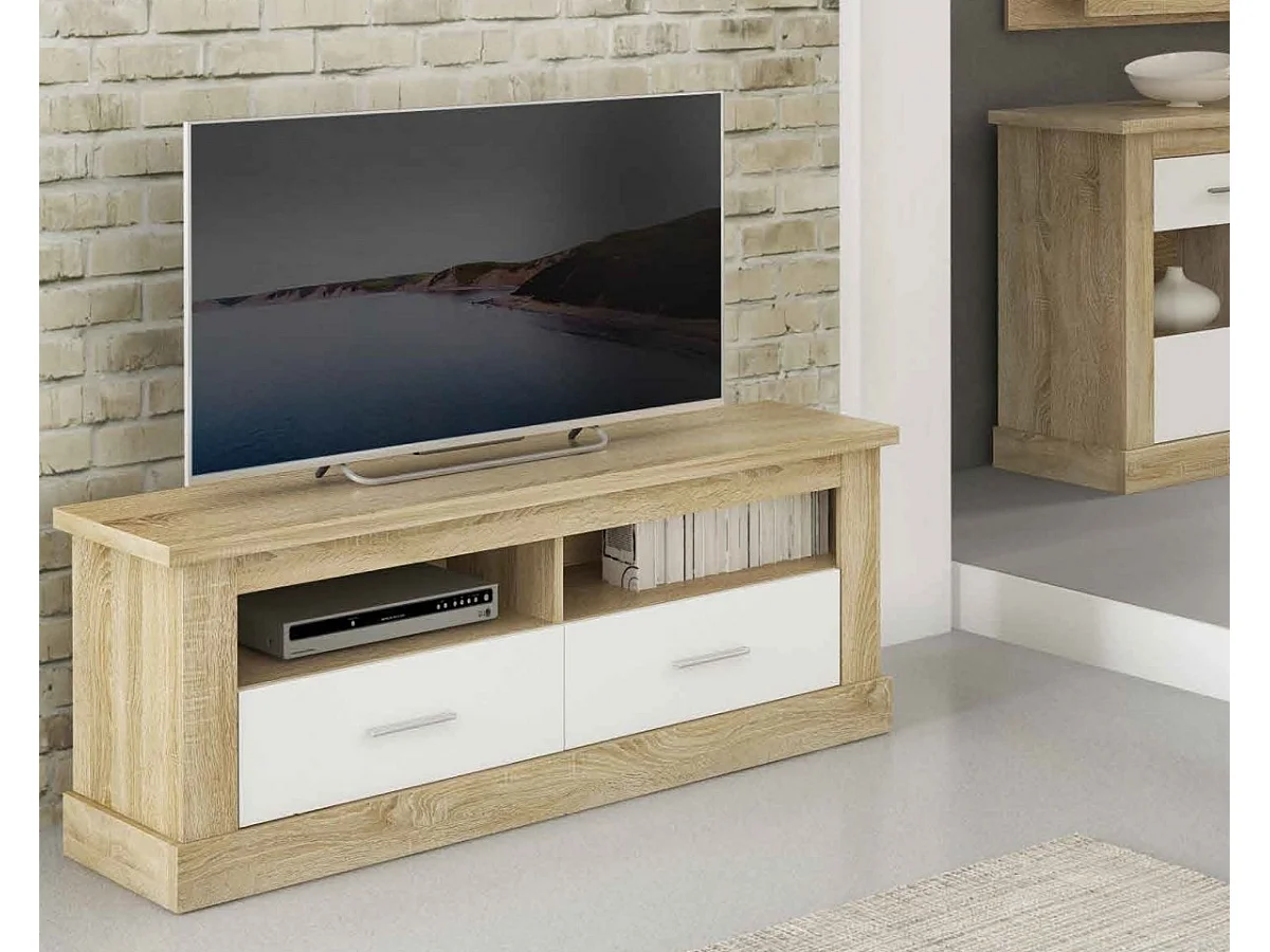 Mueble de Comedor, Mueble Televisión, Acabado en Blanco y Cambria, Medidas: 297 cm (Ancho) x 201,6 cm (Alto) x 41,8 cm (Fondo)