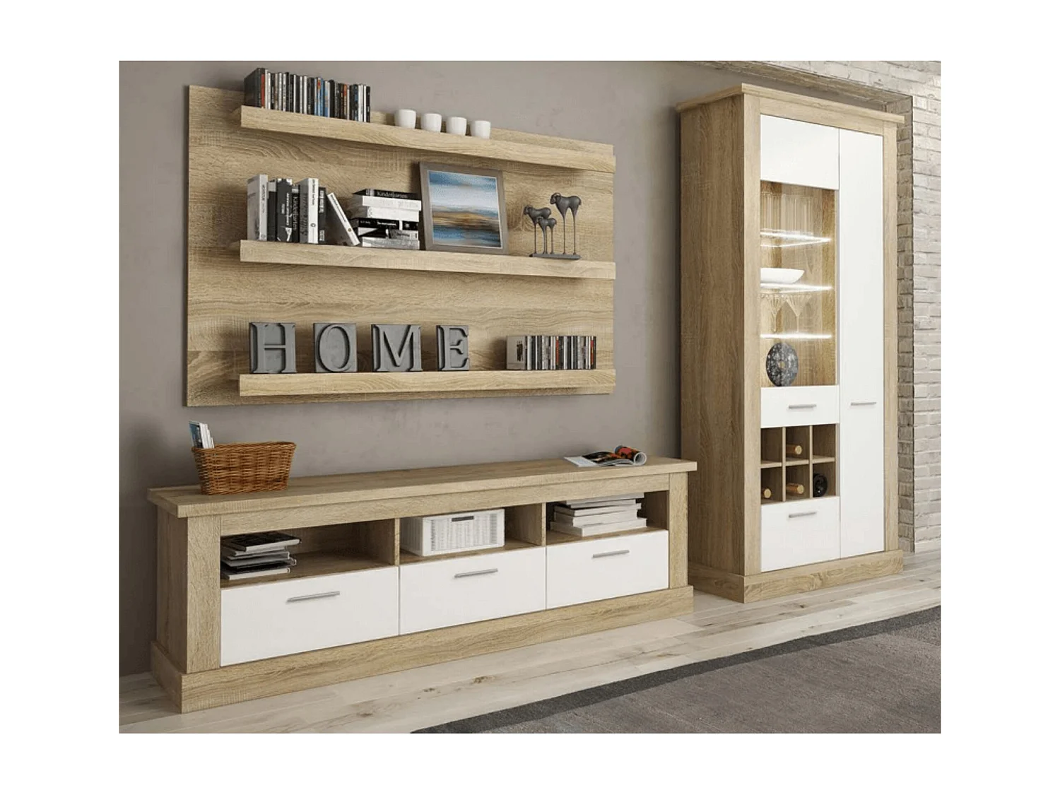 Mueble de Comedor, Mueble Televisión, Acabado en Blanco y Cambria, Medidas: 276 cm (Ancho) x 201,6 cm (Alto) x 41,8 cm (Fondo)