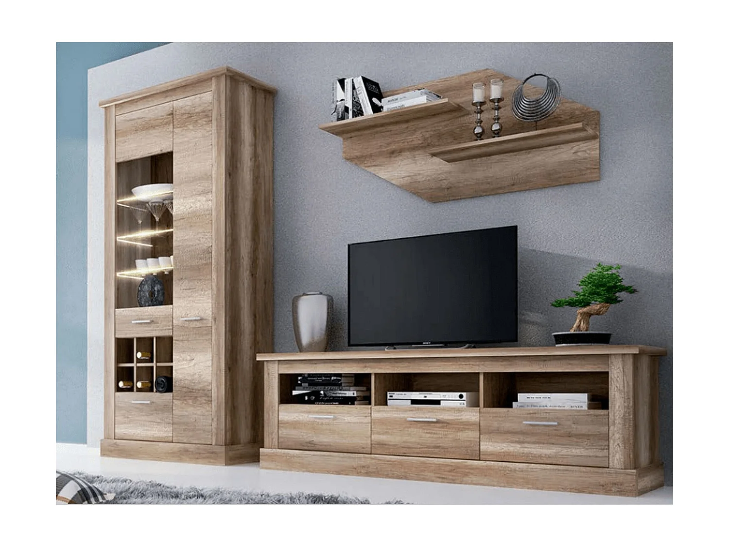 Mueble de Comedor, Mueble Televisión, Acabado en Color Cañón, Medidas: 276 cm (Ancho) x 201,6 cm (Alto) x 41,8 cm (Fondo)