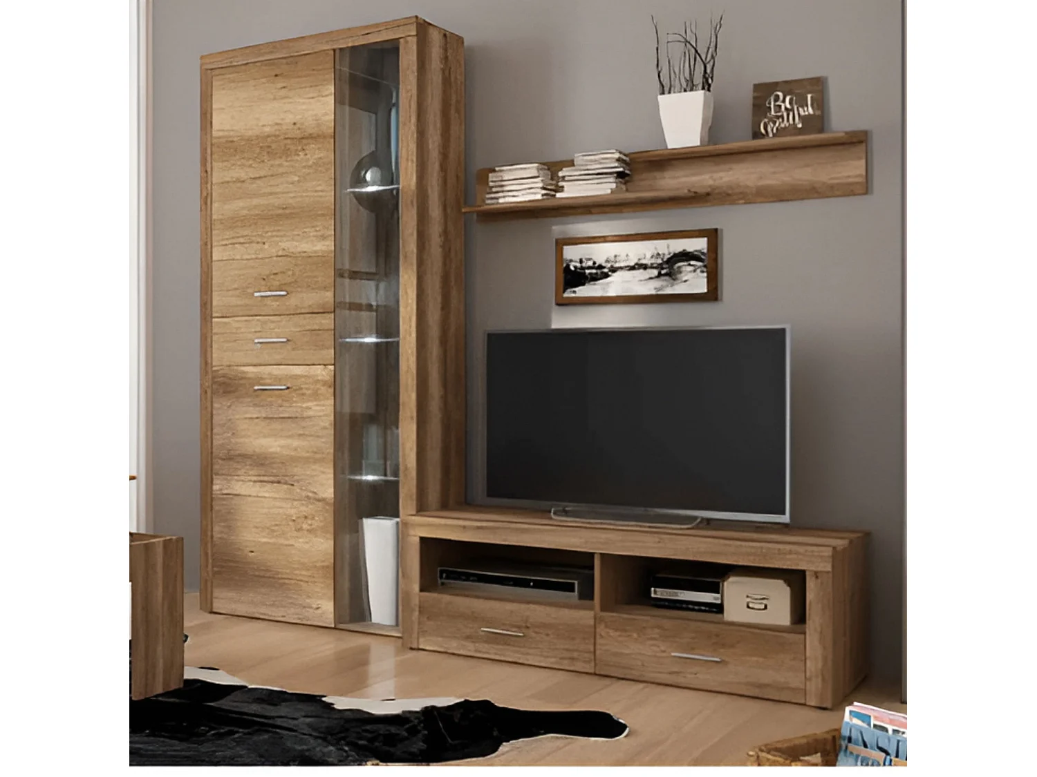 Mueble de Comedor, Mueble Televisión, Acabado en Color Cañón, Medidas: 230 cm (Ancho) x 212 cm (Alto) x 41,4 cm (Fondo)