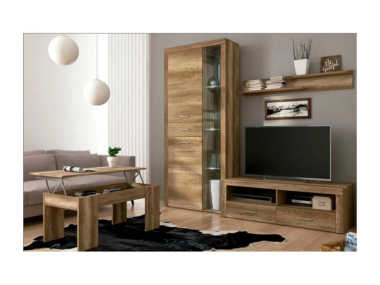 Mueble de Comedor, Mueble Televisión, Acabado en Color Cañón, Medidas: 230 cm (Ancho) x 212 cm (Alto) x 41,4 cm (Fondo) + Mesa Centro Elevable 45,2x100x50