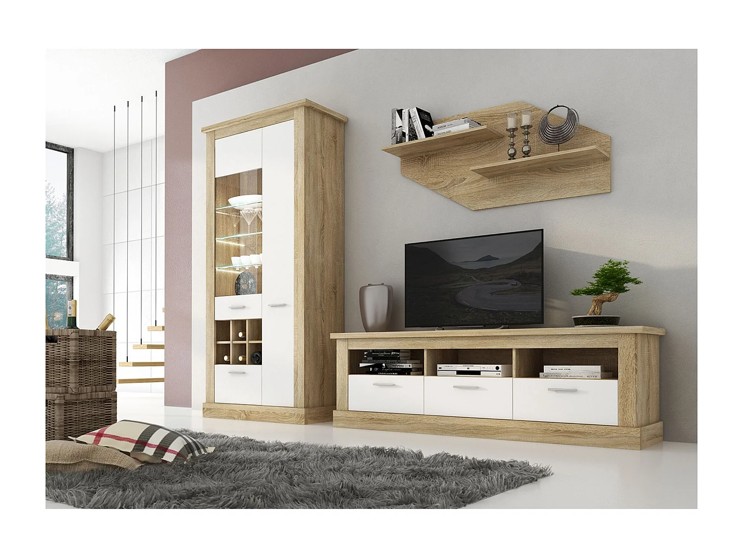 Mueble de Comedor, Mueble Televisión, Acabado en Blanco y Cambria, Medidas: 276 cm (Ancho) x 201,6 cm (Alto) x 41,8 cm (Fondo)