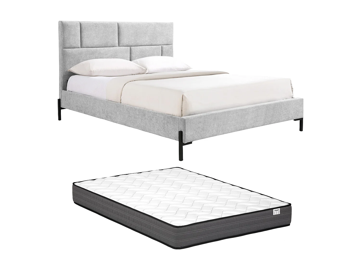 Lit 160 x 200 cm avec tête de lit rembourrée – Tissu – Gris clair + Matelas – NOULAVO