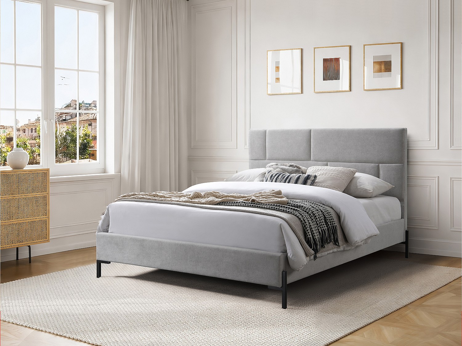 Bett 160 x 200 cm mit gepolstertem Kopfteil – Stoff – Hellgrau + Matratze – NOULAVO
