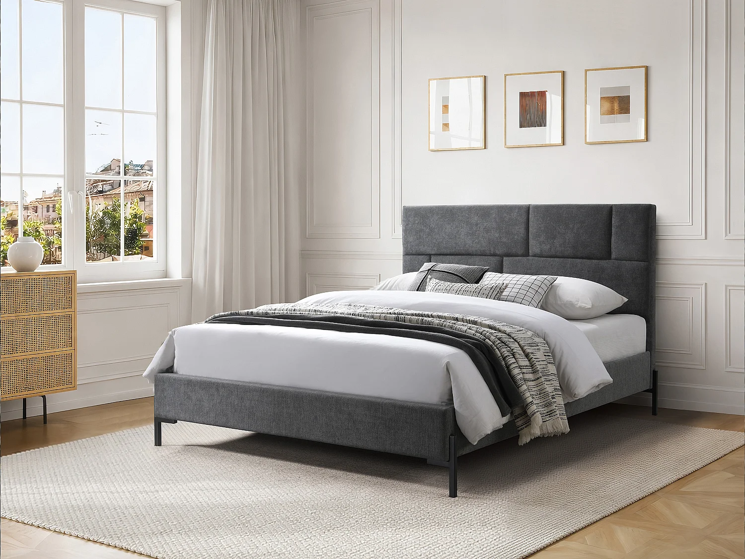 Lit 160 x 200 cm avec tête de lit rembourrée – Tissu – Gris + Matelas – NOULAVO