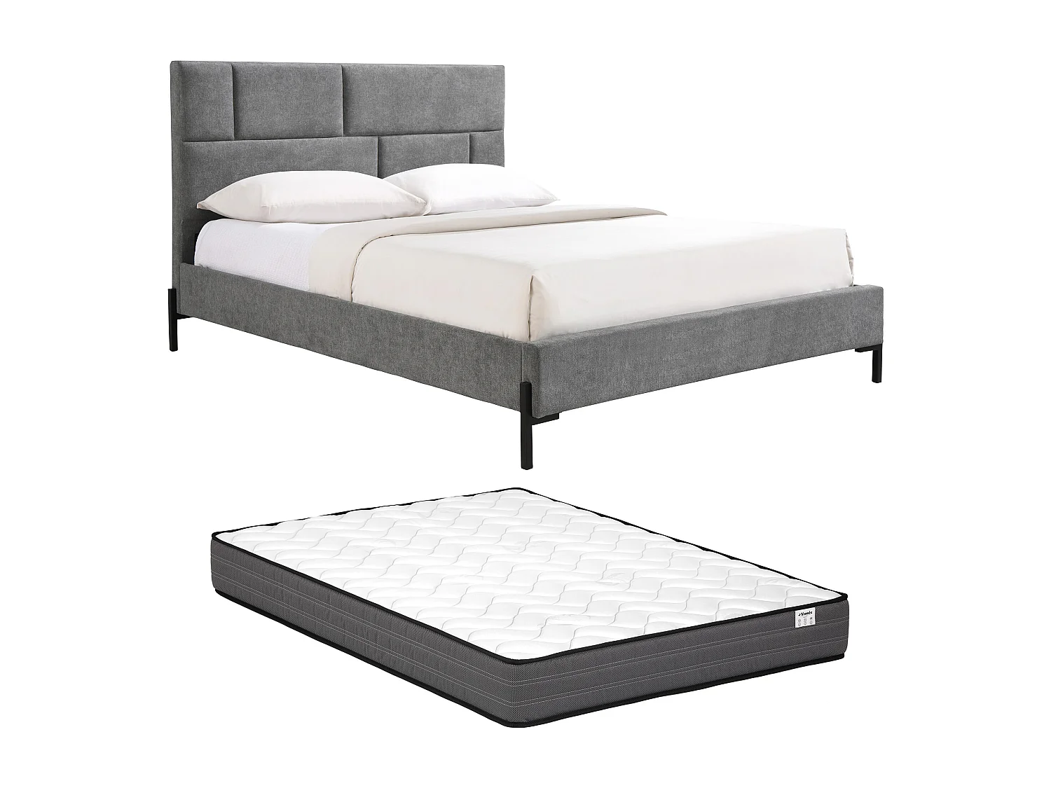 Lit 160 x 200 cm avec tête de lit rembourrée – Tissu – Gris + Matelas – NOULAVO