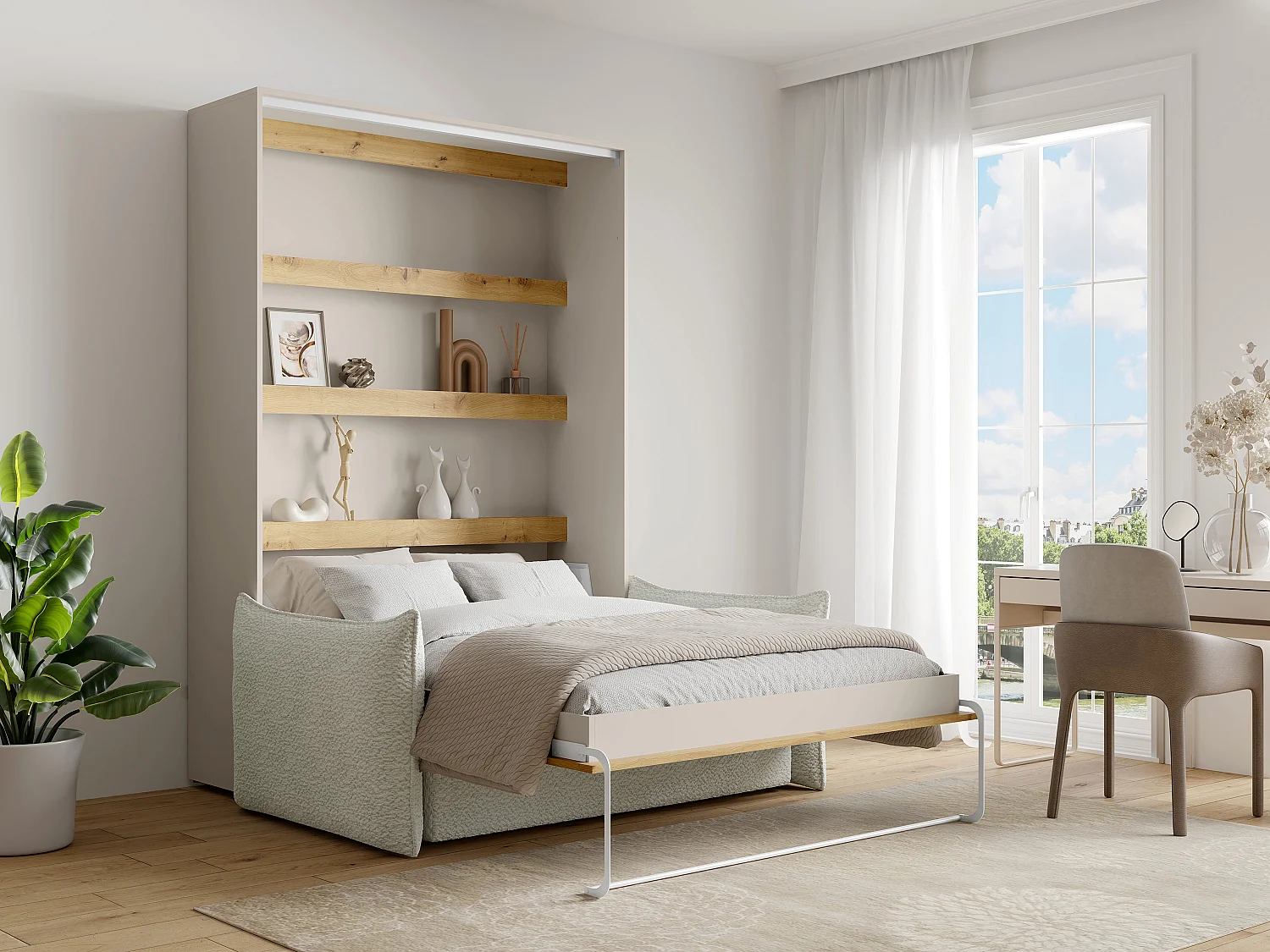 Lit escamotable 160 x 200 cm - Ouverture verticale manuelle - Avec LEDs - Beige et naturel + Canapé - RAPILI